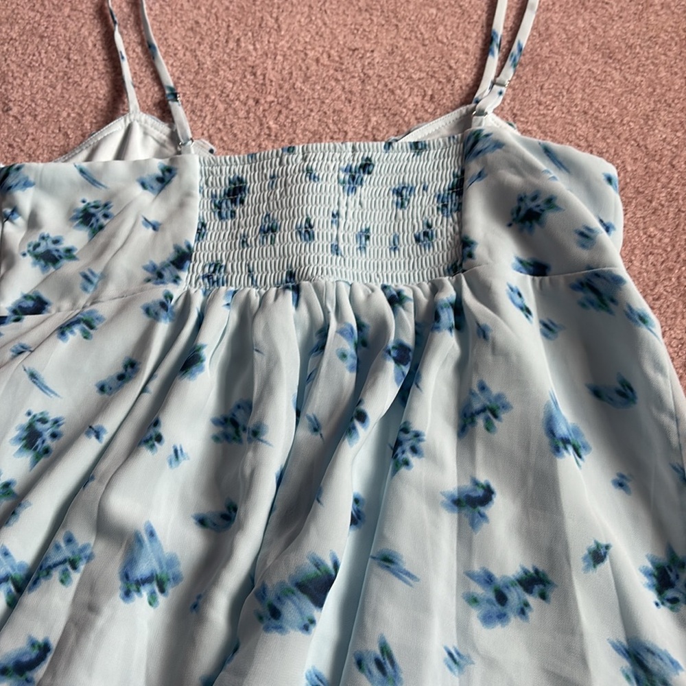 Ruffle Trim Slip Mini Babydoll Blue Floral Spaghetti Strap Dress Size Large - Picture 8 of 8